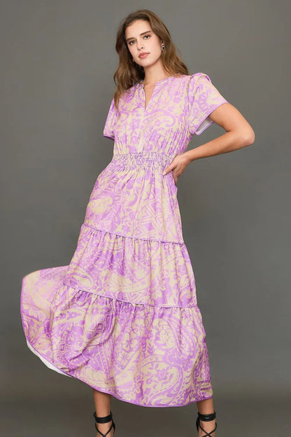 Umgee Full Size Printed Notched Short Sleeve Tiered Dress Plus Size