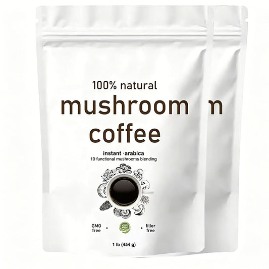 10in1 Mushroom Coffee Powder, Premium Arabica Instant Coffee Blend With Mane, Reishi, Chaga  8 Functional Mushrooms, Low Caffeine, Non GMO, FillerFree,1 LB