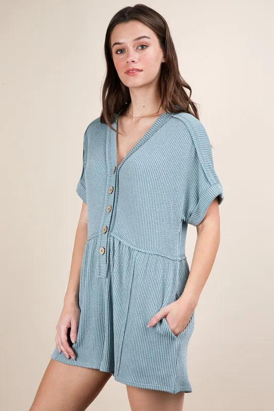 VERY J Two Tone Ribbed Knit Comfy Casual Romper