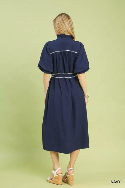 Umgee Ruffle Collar Midi Dress with Stripe Trim