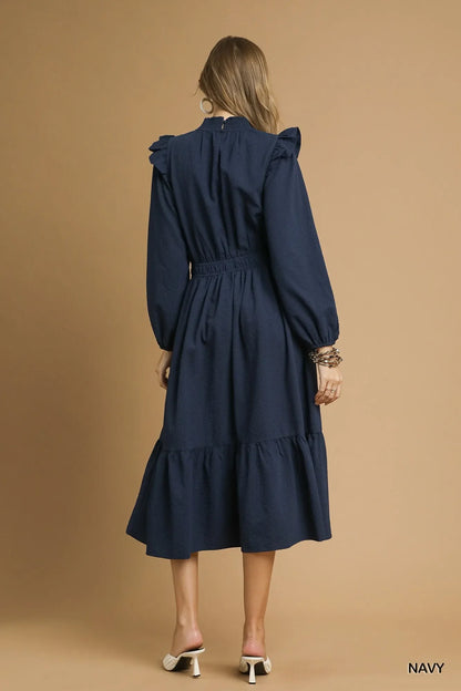 Umgee Textured Midi Dress with Ruffle Shoulder Detail