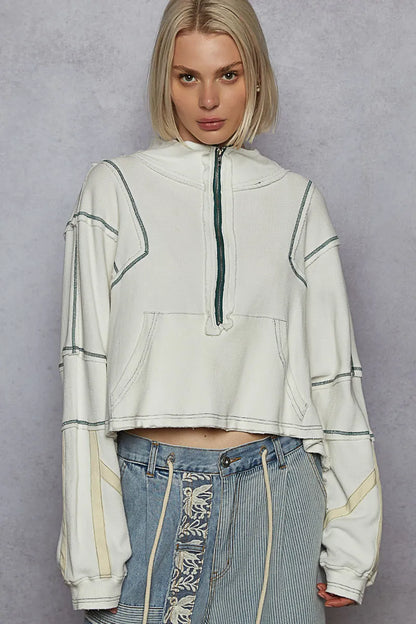 POL Contrast Stitching Zip Front Sweatshirt