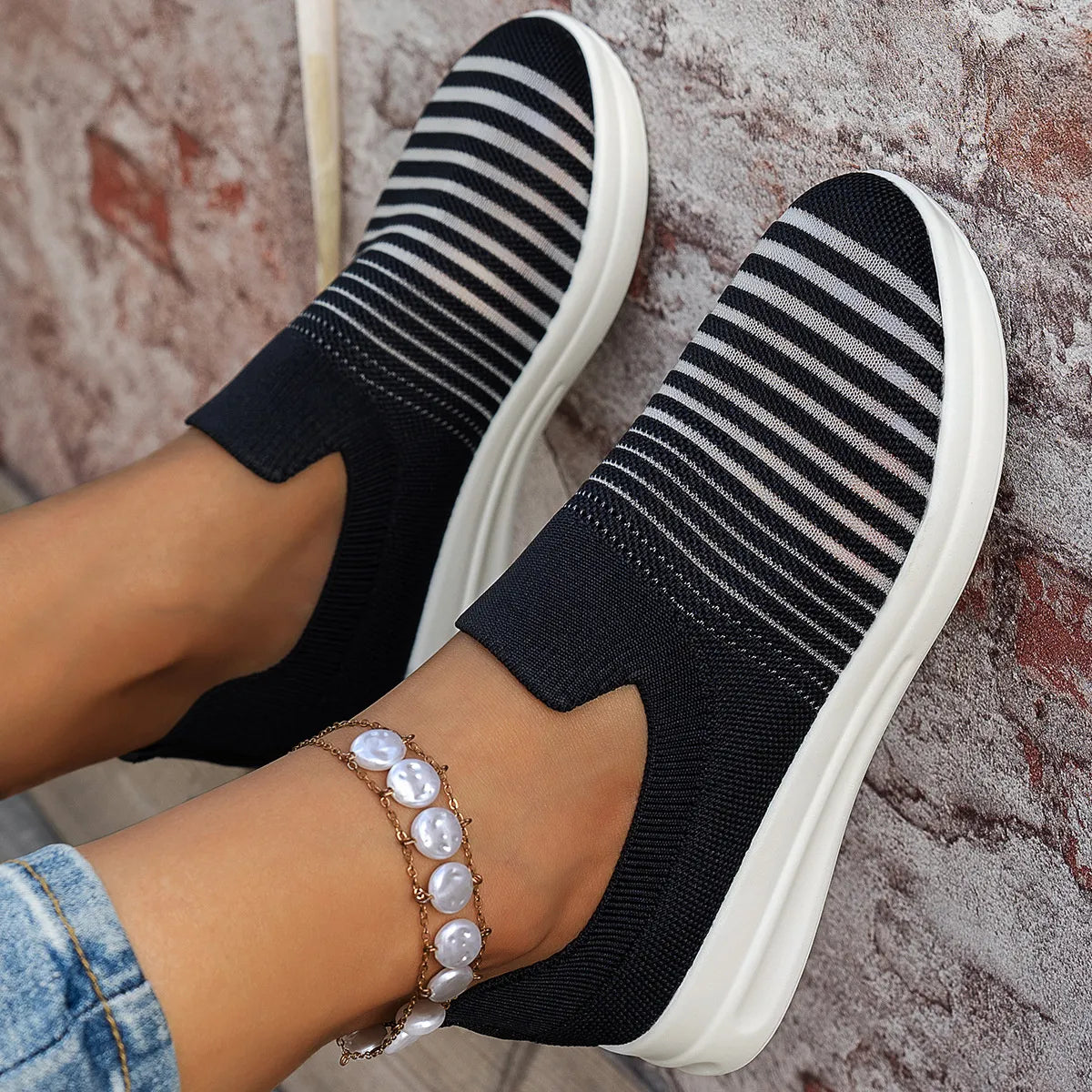 Striped Round Toe Platform Slip-Ons