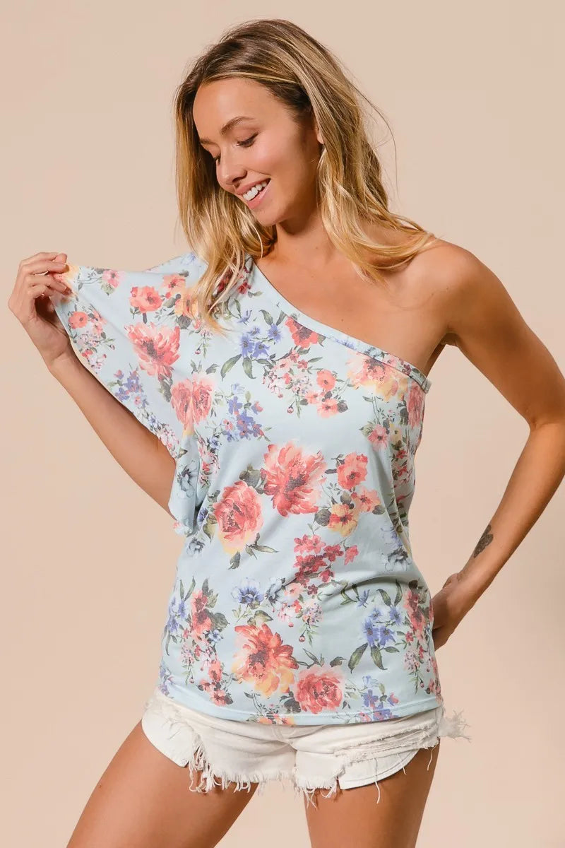 BiBi Floral Printed Jersey Knit Ruffle Sleeve Top