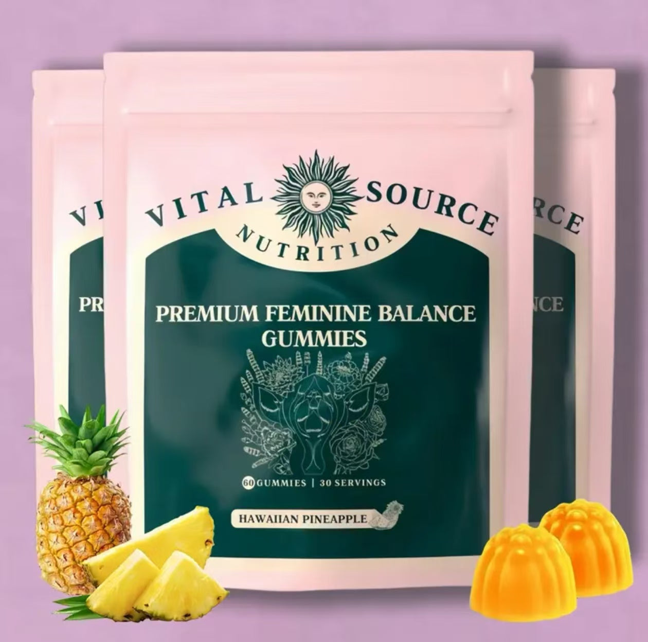 Premium Feminine Balance Gummies - for Women’s Health & Wellness - Immune Support - Vegan, Gluten-Free & Halal - Hawaiian Pineapple - 60 Gummies - 30 Servings