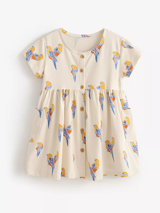 Children's Printed Parrot Button-Front Casual Dress