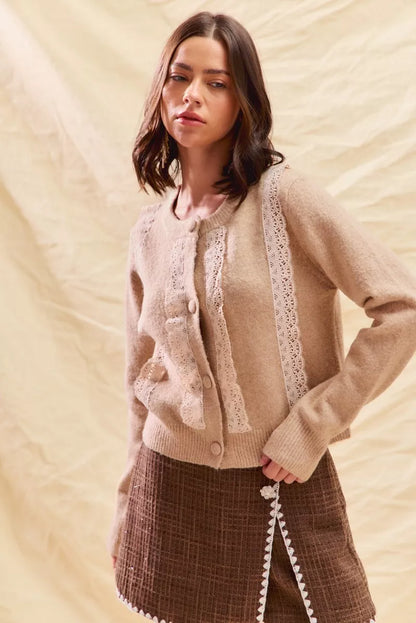 SO ME Front Lace Trim Button Cardigan Sweater