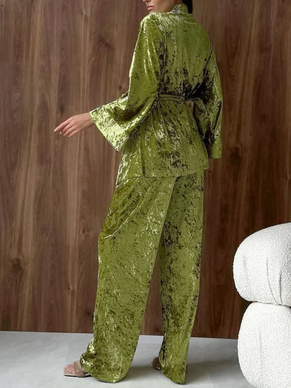 Velvet Tie Waist Top and Pants Set