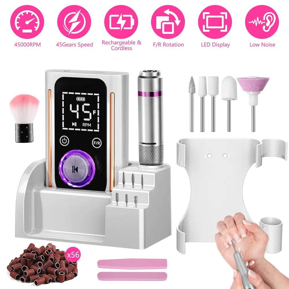 Portable Electric Nail Drill Bit 45000 RPM With 11 Bits Base Waist Clip Cordless Rechargeable Nail File Machine For Professional Salon Home Acrylic Nails Remove Nail Gel Polish Manicure