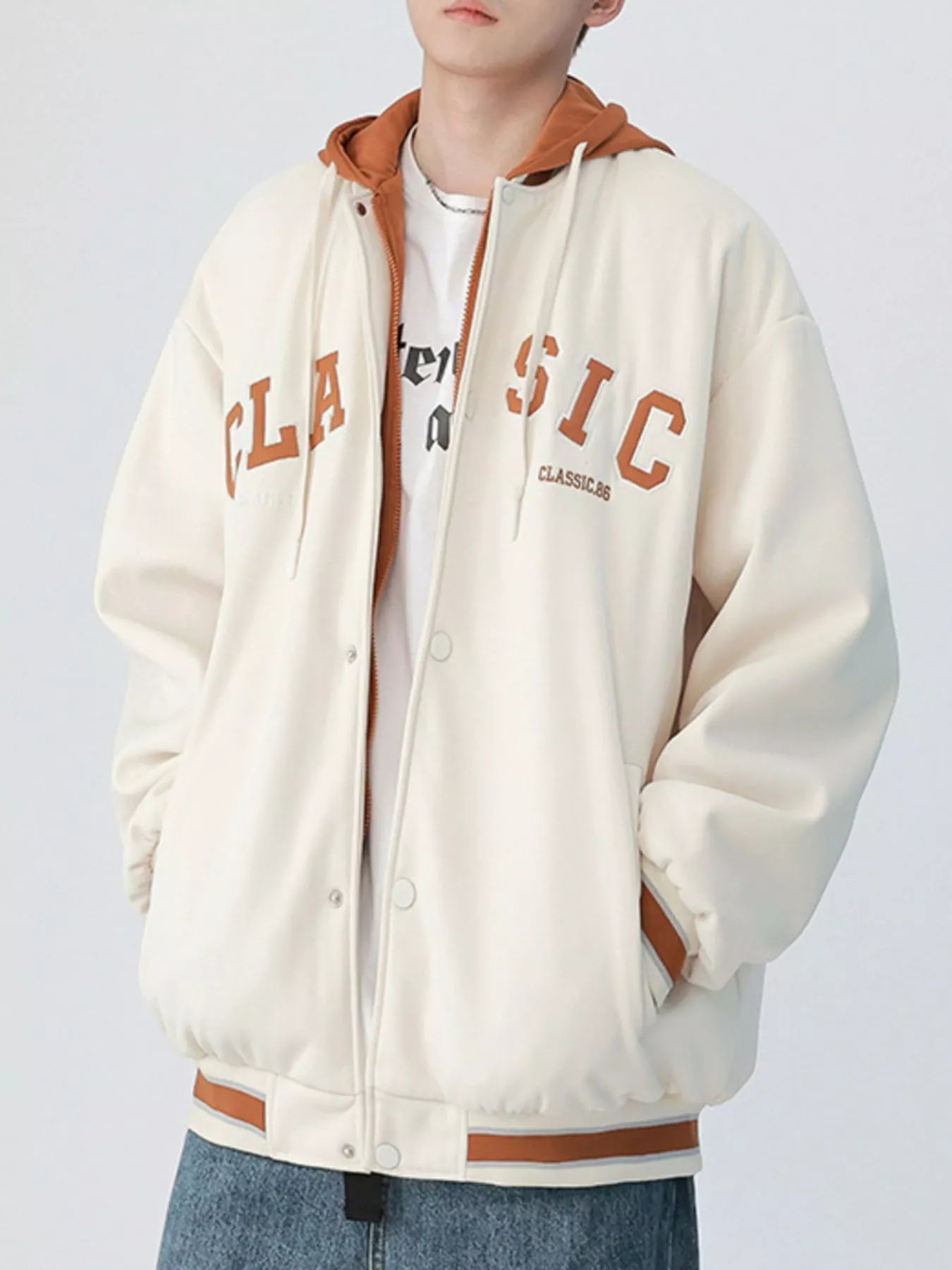Men's Plus Size Snap Down Long Sleeve Drawstring Hooded Jacket