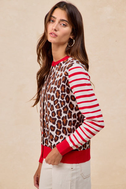 BiBi Leopard With Stripe Combo Buttoned Cardigan