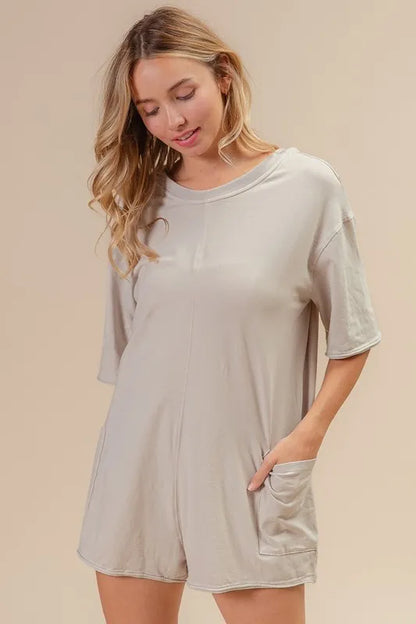 BiBi Short Sleeve Back Open Washed Romper
