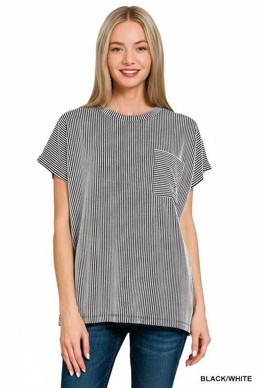 Zenana Raised Rib Front Pocket Boxy Top