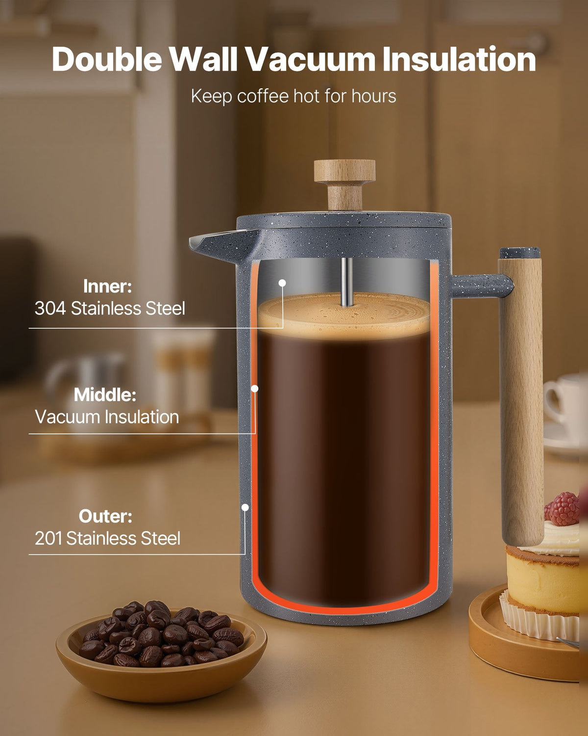 French Press Coffee Maker 34 Oz Stainless Steel French Coffee Press Black