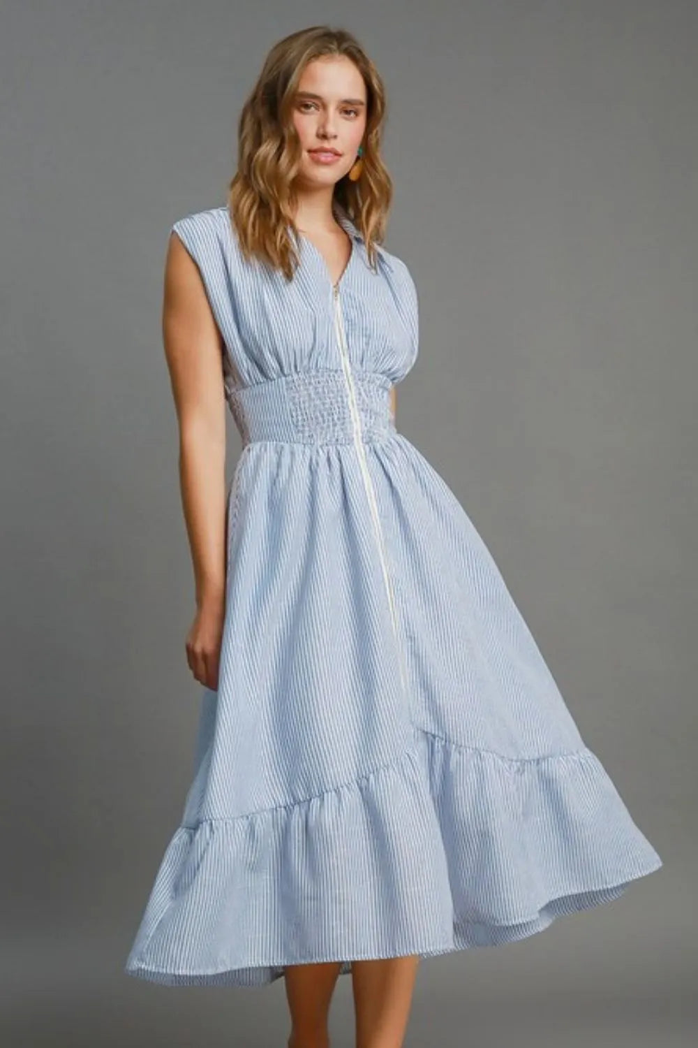 Umgee Full Size Striped Midi Dress with Smocked Waist Plus Size