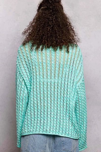 POL Openwork Round Neck Knit Top with Shiny Detail