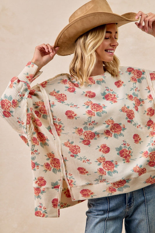 BiBi Floral Print Oversized Waffle Thermal Sweatshirt