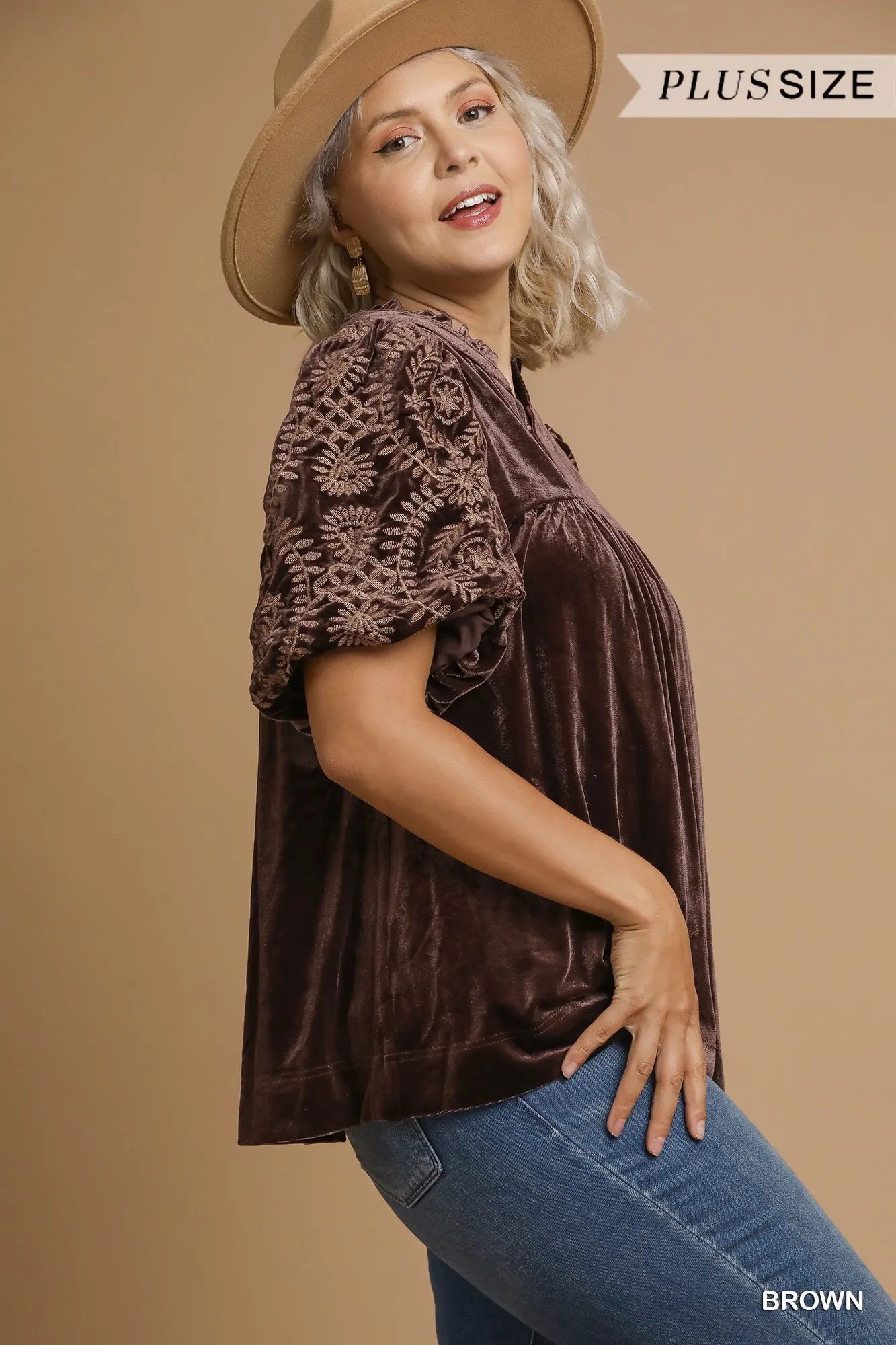 Umgee Full Size Velvet Embroidered Sleeve Blouse Plus Size