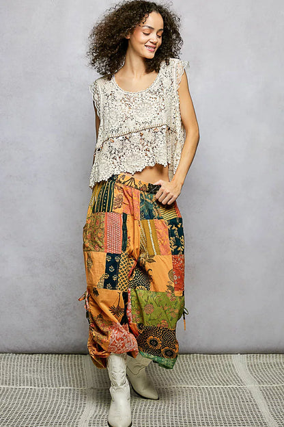 POL Printed Patchwork Wide Leg Pants with Adjustable Side Drawstring