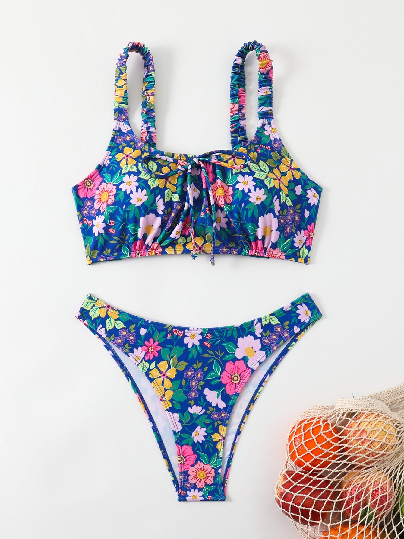 Women's Floral Print Bralette Bikini Set, Ruched Shoulder Straps & Front Tie Top, High Cut Cheeky Bottom 2 Piece Swimsuit
