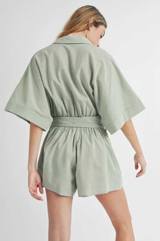 MABLE Embroidered Button Down Collared Neck Romper