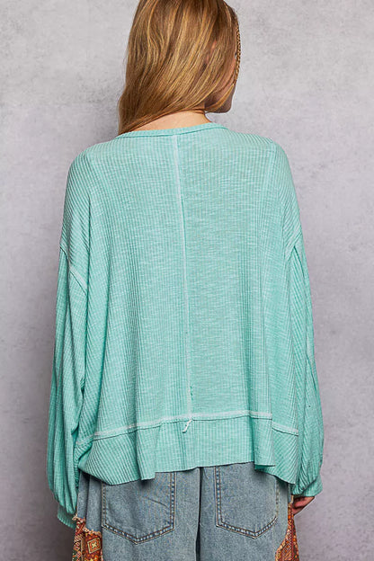 POL Round Neck Long Sleeve Exposed Seam Top with Chest Pocket