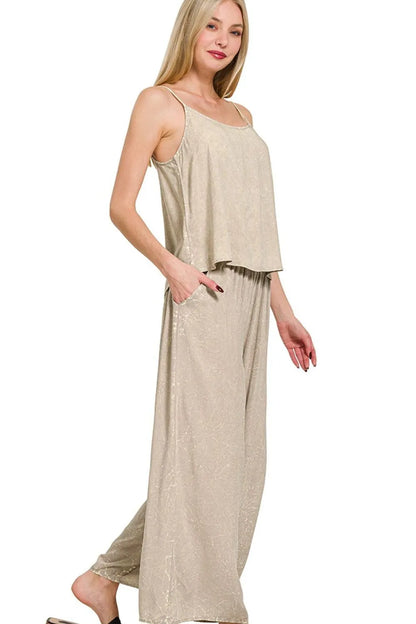 Zenana Woven Acid Crinkle Washed Cami & Pants 2 Piece Set