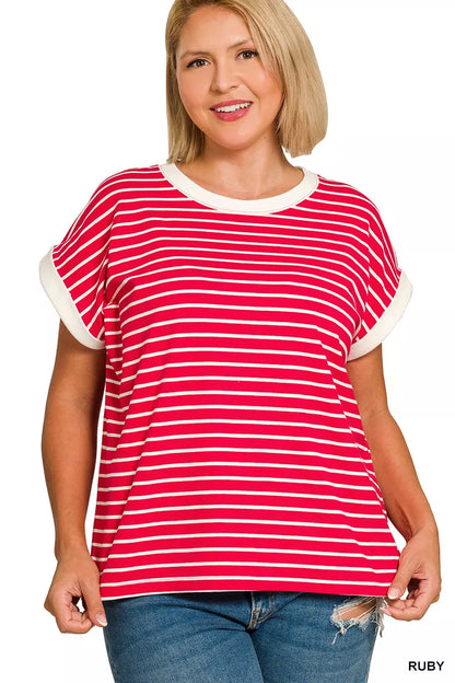 Zenana Full Size Contrast Trim Cap Sleeve Stripe Tee Plus Size