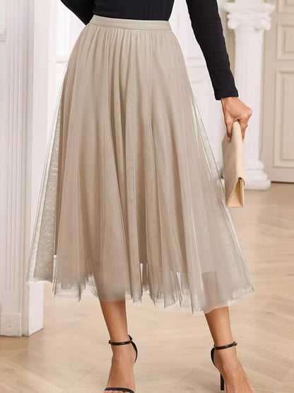 Tulle Mesh Overlay Flared Midi Skirt