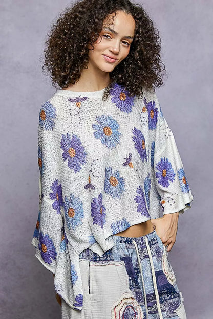 POL Floral Round Neck Rolling Edge Sweater