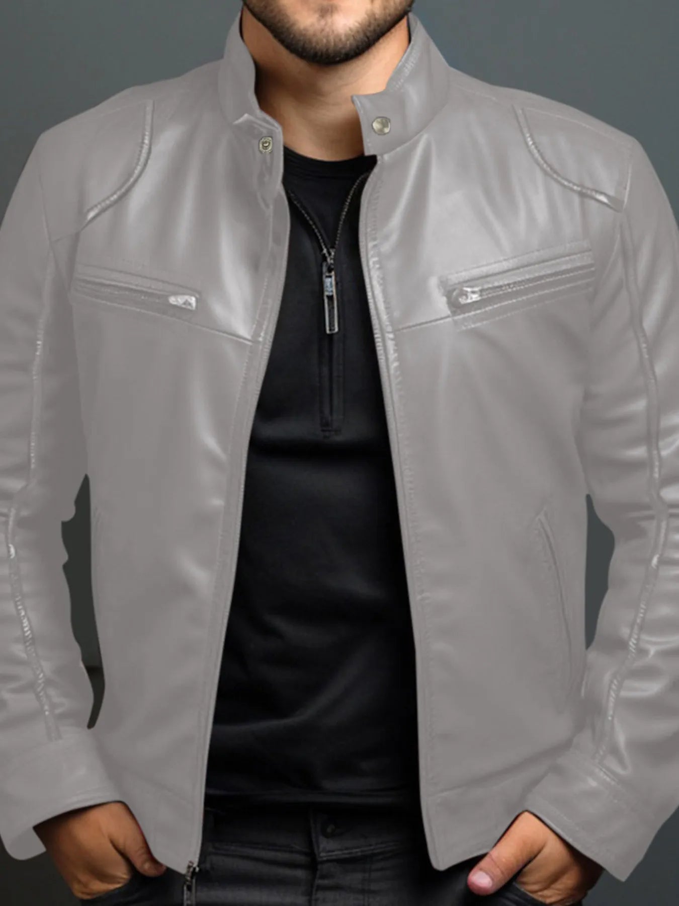 Men's Full Size Leather Motorcycle Jacket with Zipper Front Plus Size