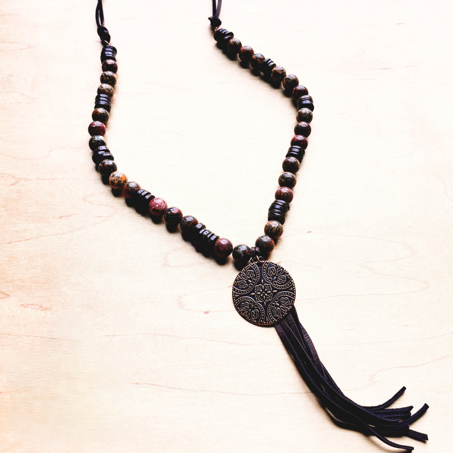 **Leopard Jasper Necklace w/ Wood Beads & Copper Medallion 258c