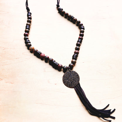 **Leopard Jasper Necklace w/ Wood Beads & Copper Medallion 258c