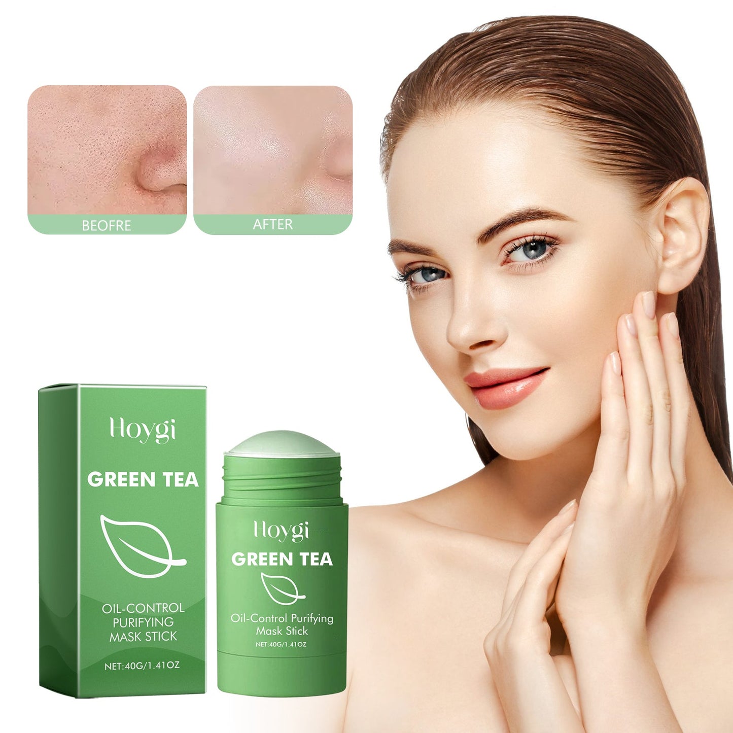 Hoygi Green Tea Cleansing Mask Stick, Face Cleanser Close Mouth Soft And Smooth Skin Moisturizing Pores Solid Mask Stick