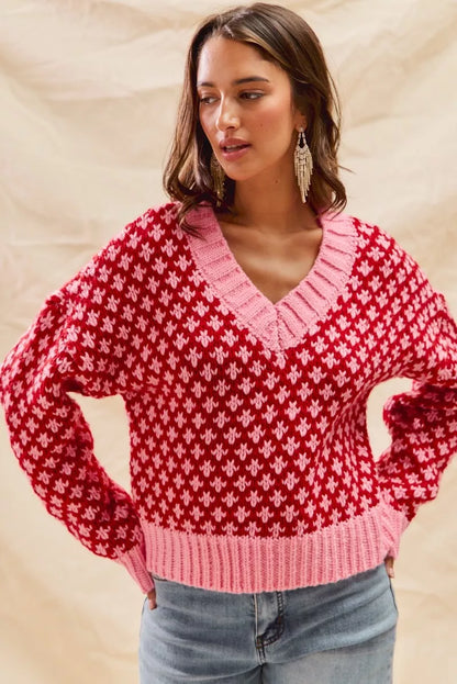 SO ME Color Block Textured Christmas Sweater V Neck Top
