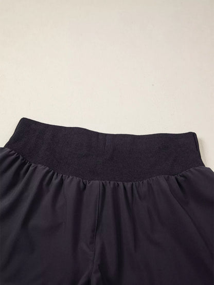 Solid Color Ribbed Patchwork High Waist Athletic Shorts
