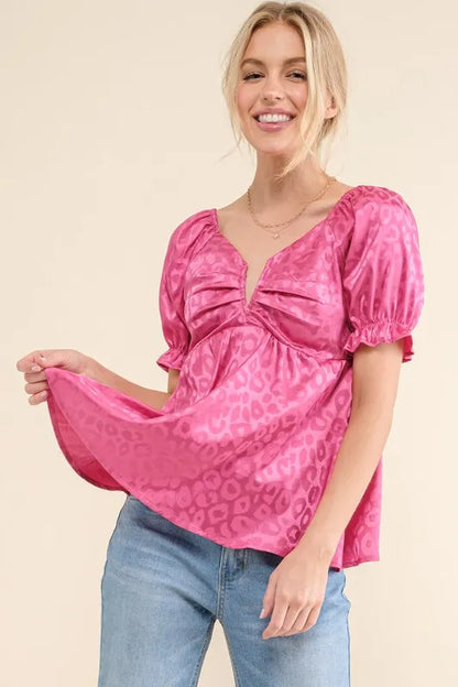 And The Why Satin Leopard V Wired Puff Sleeves Blouse