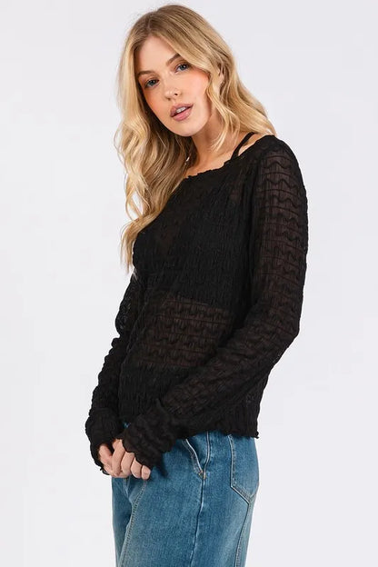 Mittoshop Lettuce Hem Boat Neck Long Sleeve Blouse
