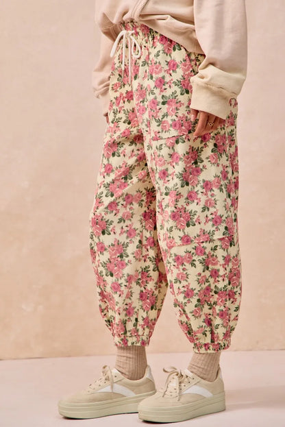BiBi Floral Printed Twill Drawstring Pants With Elastic Band