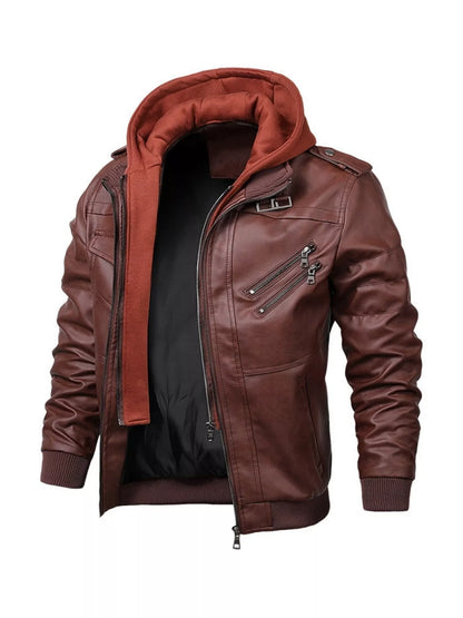 Men's Full Size Hooded Faux Leather Moto Jacket Plus Size