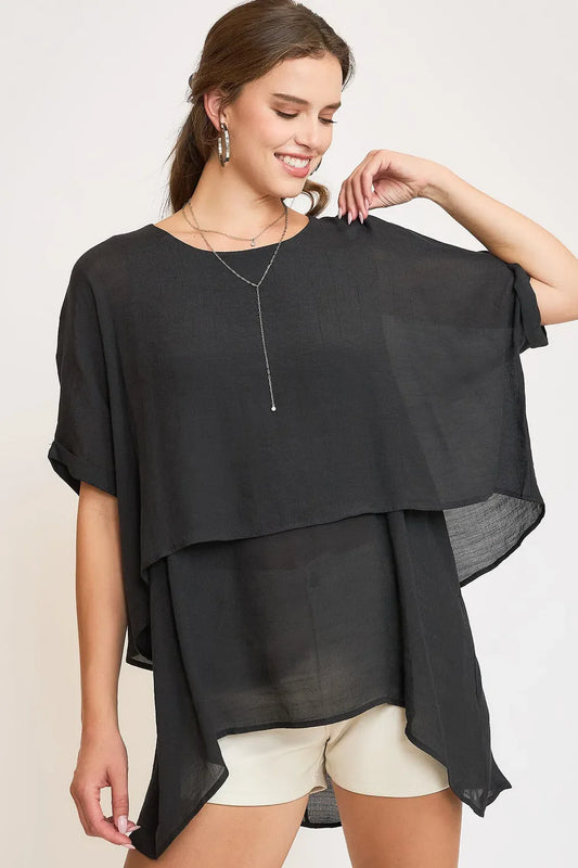 Umgee Full Size Cuffed Half Sleeve Layered Top Plus Size