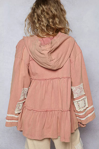 POL Embroidered Patch Hooded Jacket with Lace Detail