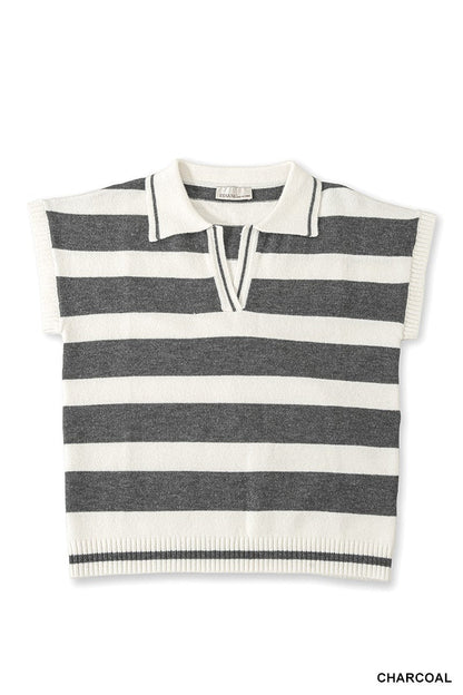 Zenana Striped Collared Short Sleeve Sweater