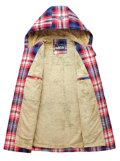 Men's Plus Size Drawstring Plaid Fleece Lined Hooded Outerwear