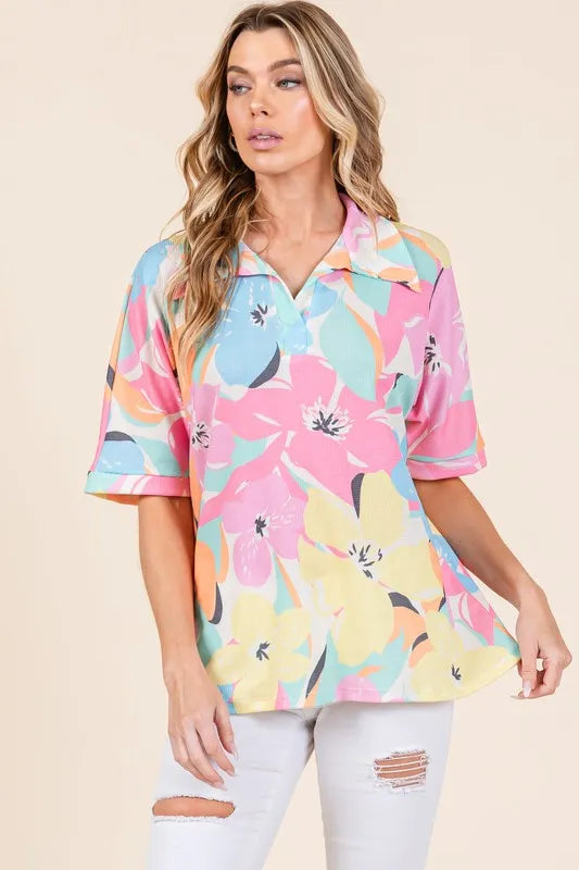 BOMBOM Floral Collared Neck Half Sleeve Top