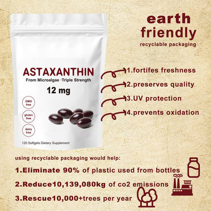 Astaxanthin 12mg Softgels - Triple Strength, From Microalgae, Antioxidant Support, Non-GMO, Gluten-Free & Dairy-Free, 120 Softgels