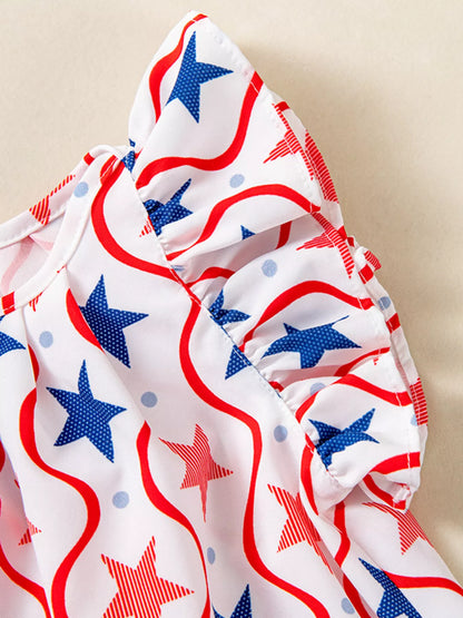 Children's Patriotic Star Print Ruffle Sleeve Dress