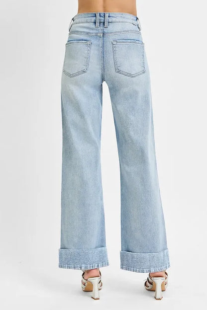 RISEN Full Size Tummy Control High Rise Ankle Wide Cuffed Jeans Plus Size