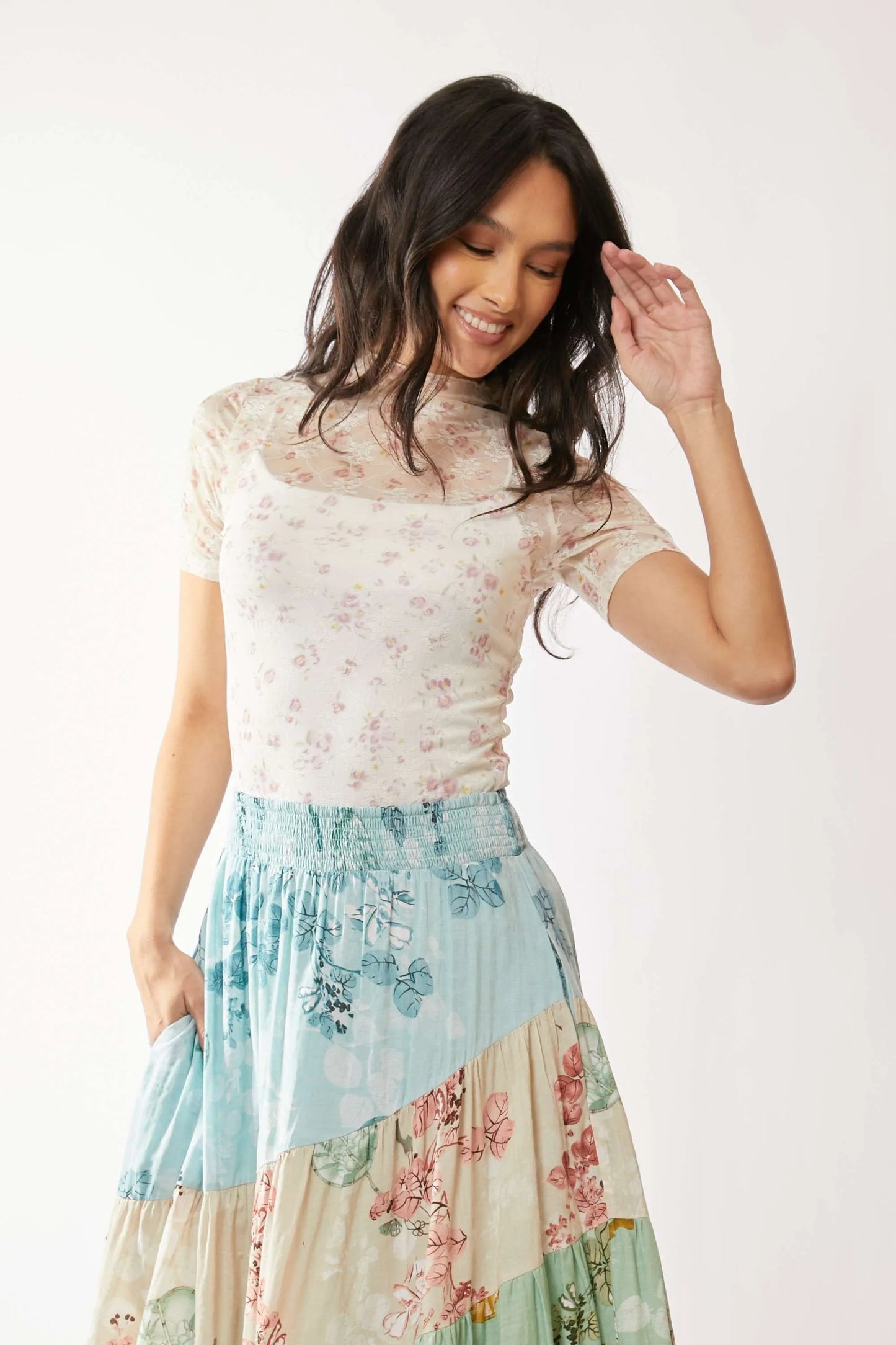 Davi & Dani Floral Mesh Mock Neck Short Sleeve Top