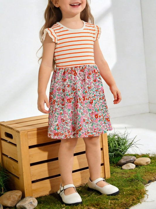 Children's Striped Floral Print Ruffle Sleeve Dress